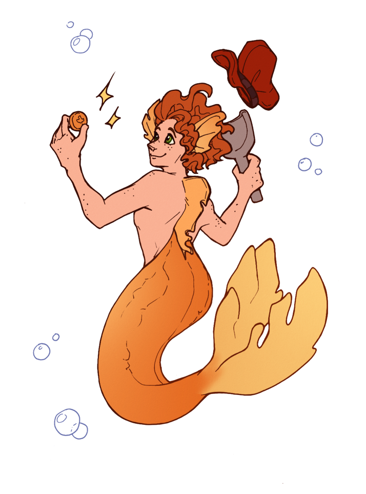 Aleth as a goldfish merperson, having just dug up a shiny coin. Their smile is triumphant.