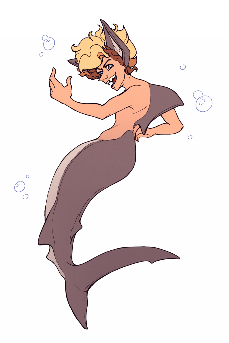 Jasper as a shark merperson, with a smile of sharp teeth to match.