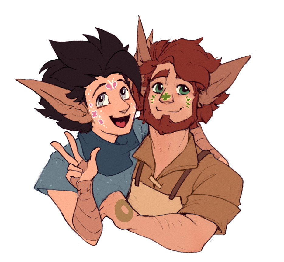 Nord and Atlas are cheering towards the viewer, Nord has his face painted with pink and white flowers and Atlas has leaves and a clover painted on his nose.