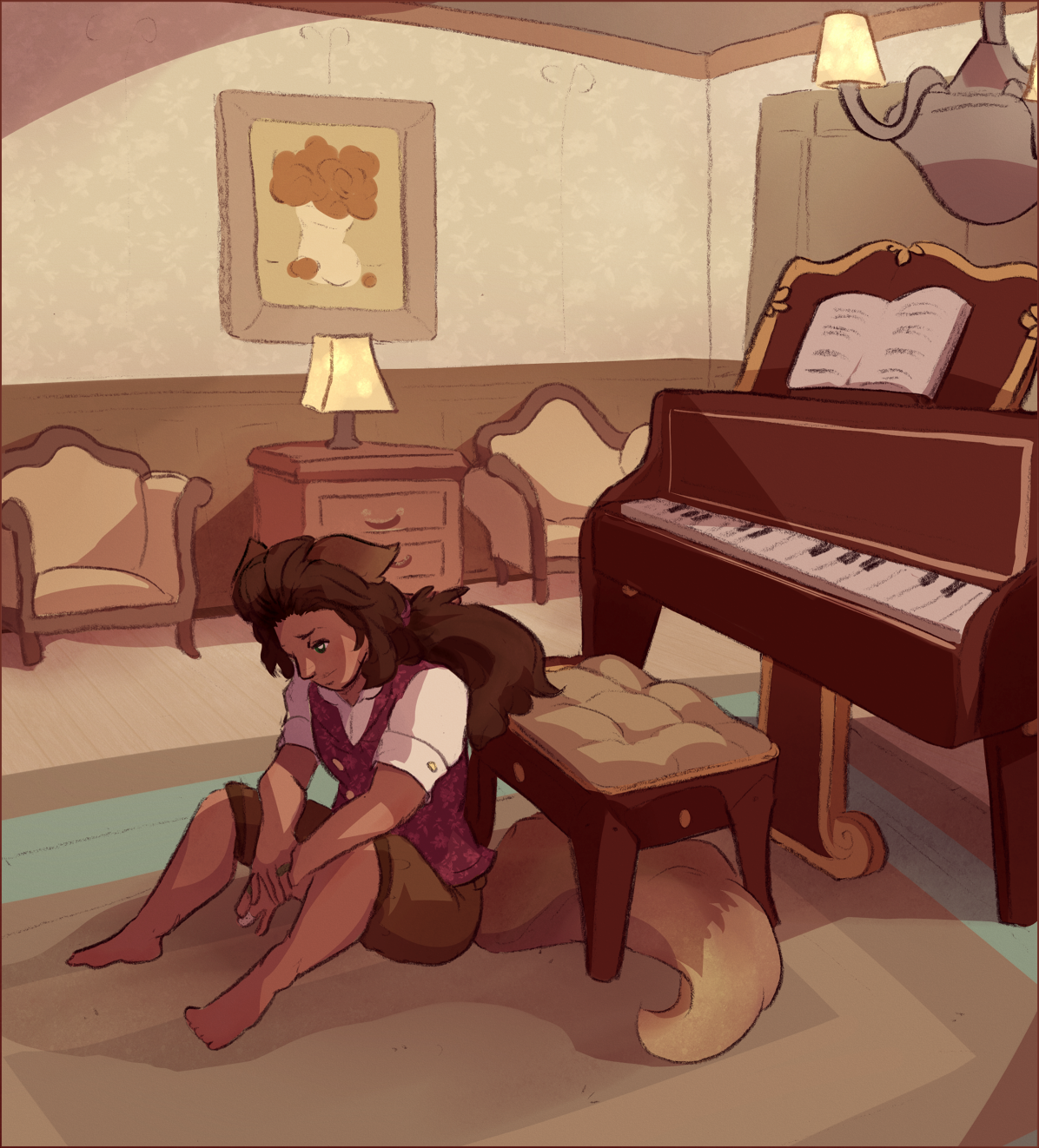 A young Moth is sitting on the ground in front of a piano. He looks as if he'd rather be someplace else.
