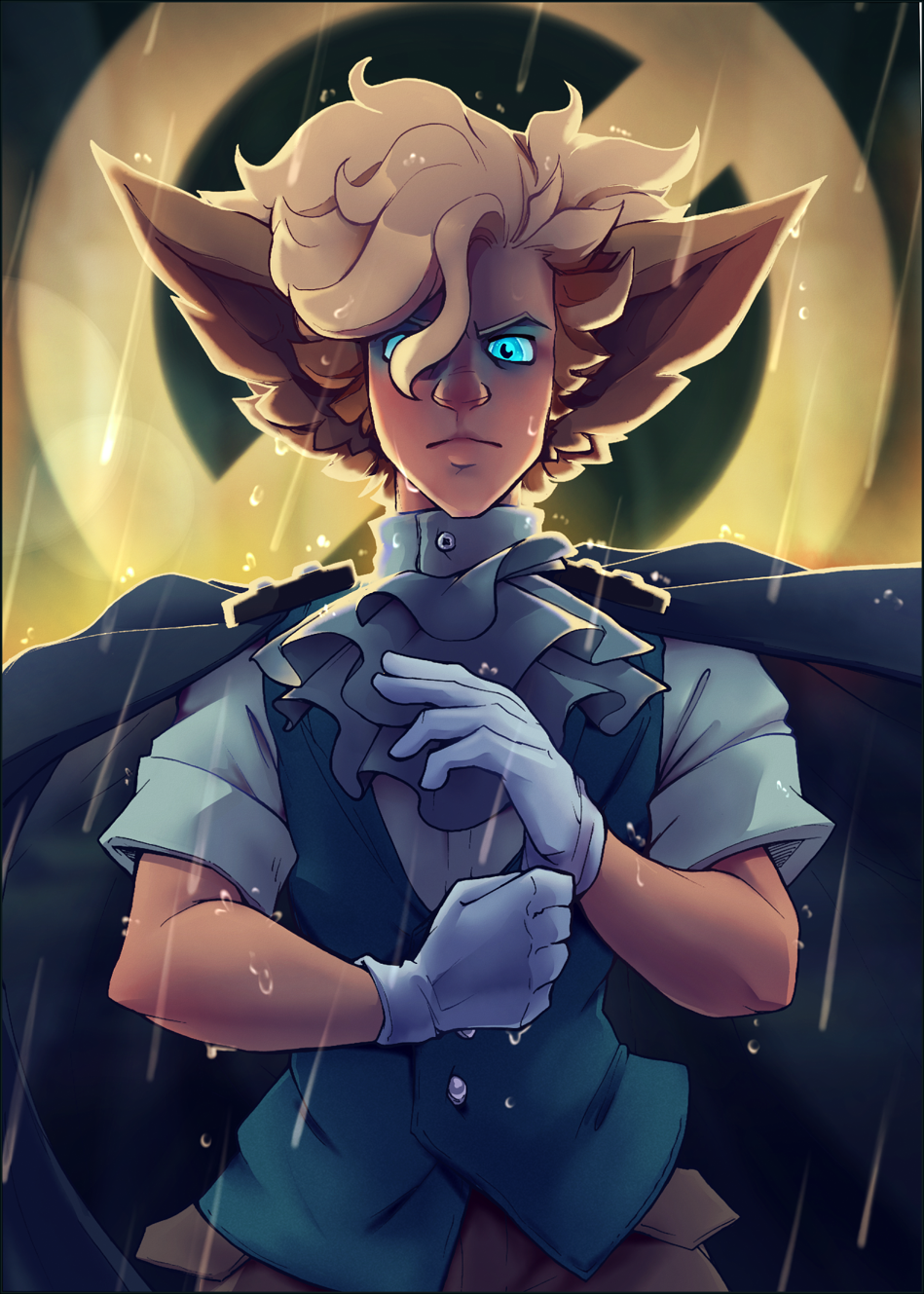 Jasper imposingly facing the viewed, the sigil from his Hold Person spell shining behind him. The setting is dark and rainy.