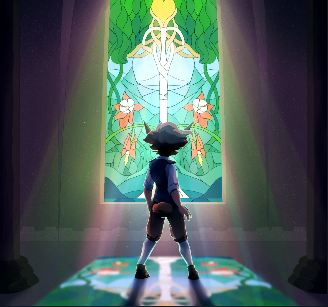 Jasper is standing in front of an intricate stained glass window, the image therein resembling a birch tree. Its colourful light shines into the otherwise dark cathedral.
