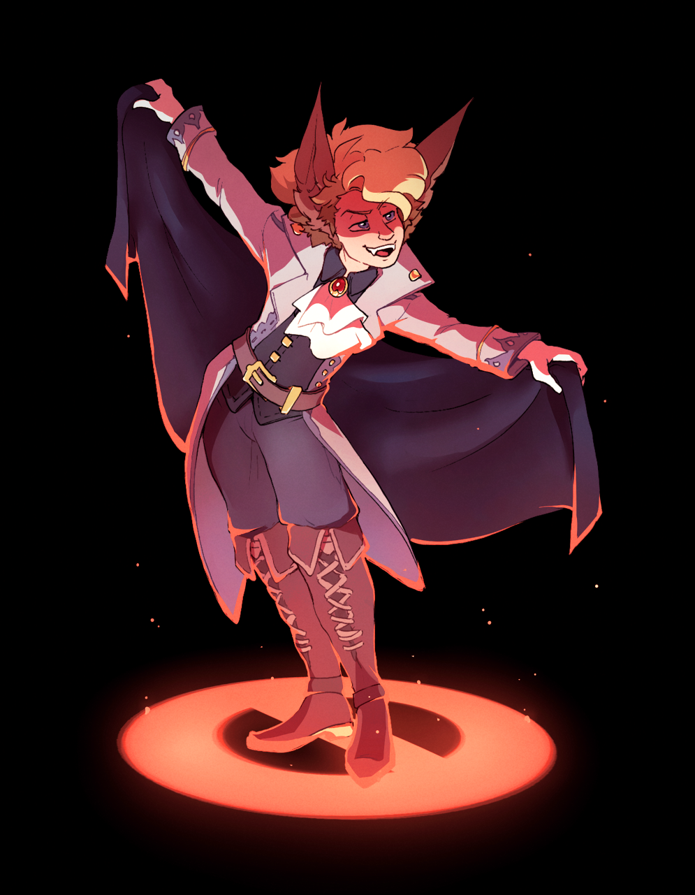 Jasper in a bright vampire cloak, lit from a red sigil underneath his feet. He is bowing mischieviously.