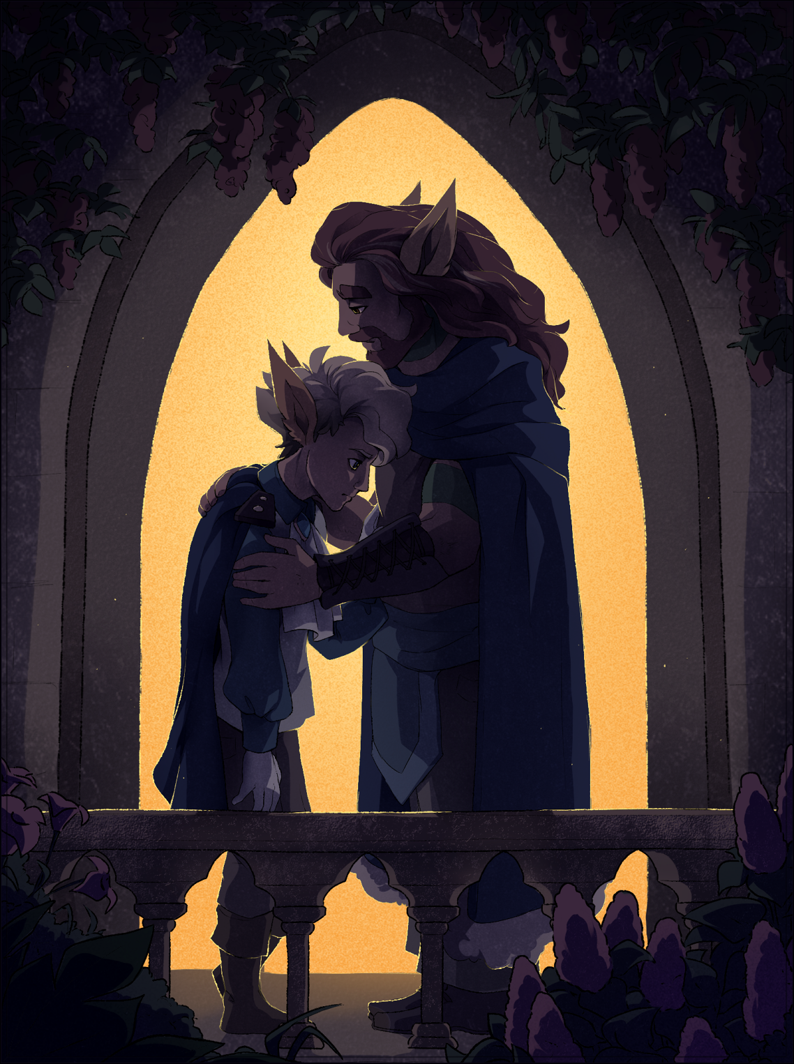 Jasper and Lord Oberon are standing in front of a lit window at night. The King is somberly resting a hand on the shoulder of the young tailor, giving him comfort.