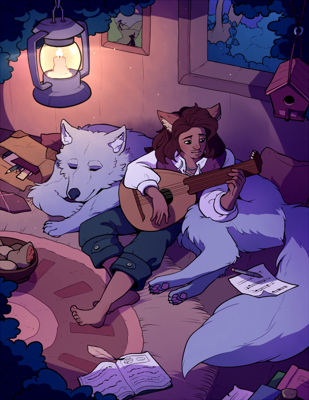 A bard, playing on his lute from a note sheet, while lounging in a treehouse. A huge wolf is sleeping next to him.